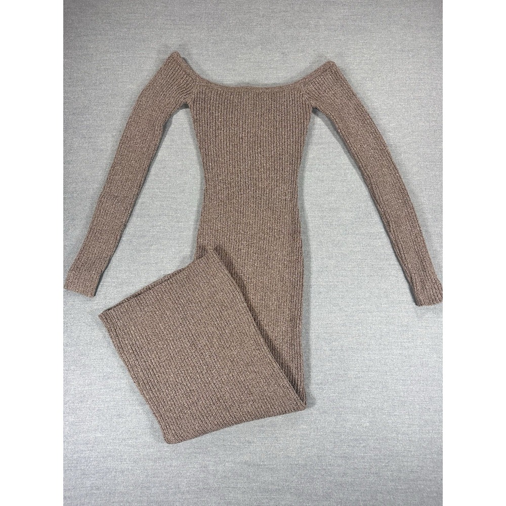 Emory Park Women S Brown Ribbed Knit Maxi Dress Off Shoulder Bodycon Long Sleeve